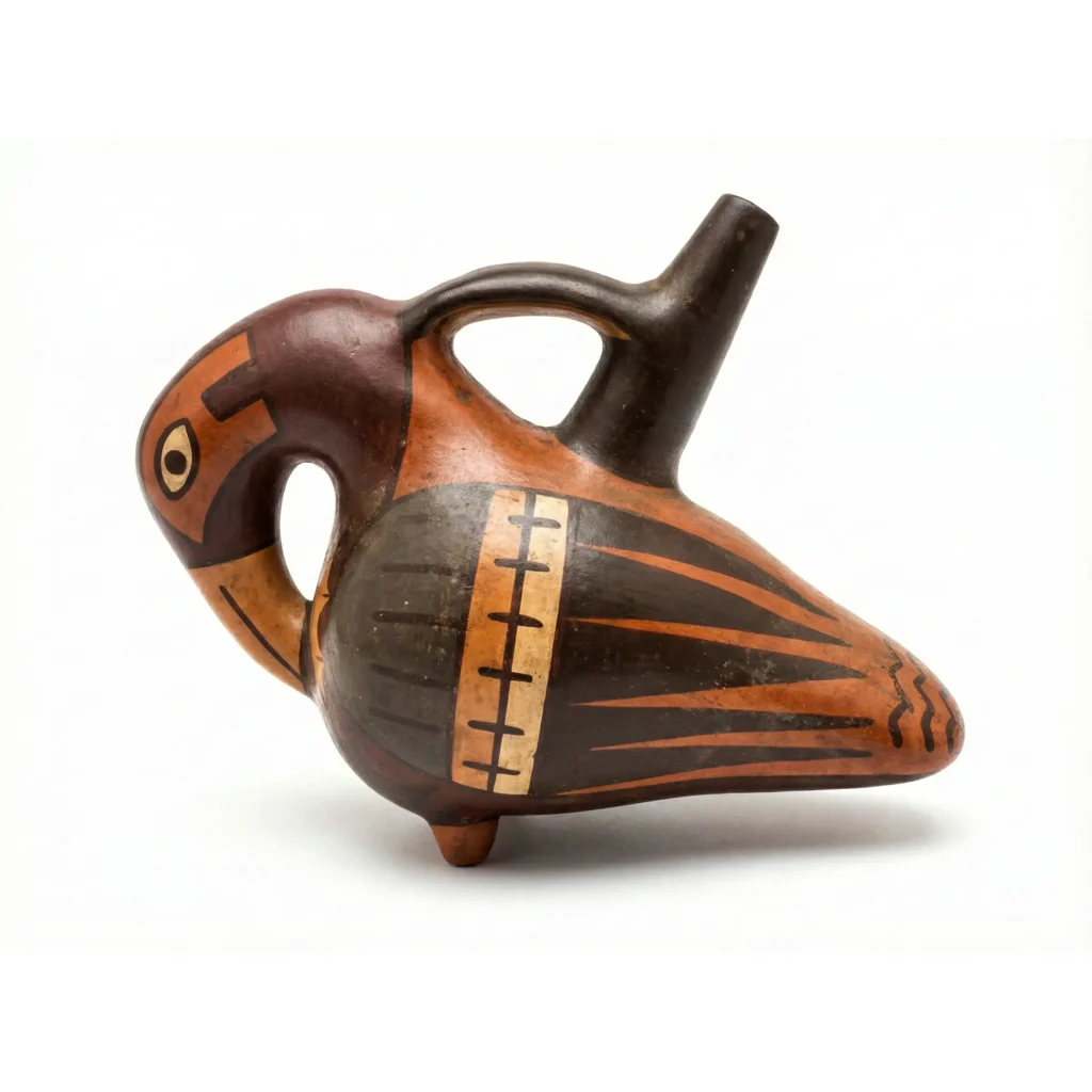 Botella de cerámica de inspiración Nazca en forma de ave con decoración pictórica.